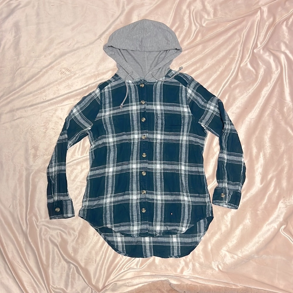 women’s green/blue flannel button up with hood